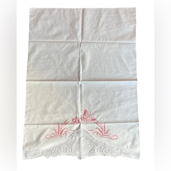 VNT Embroidered Pillowcase, Cotton With Pink Butterfly, Flowers, Crochet Lace - Picture 1 of 10